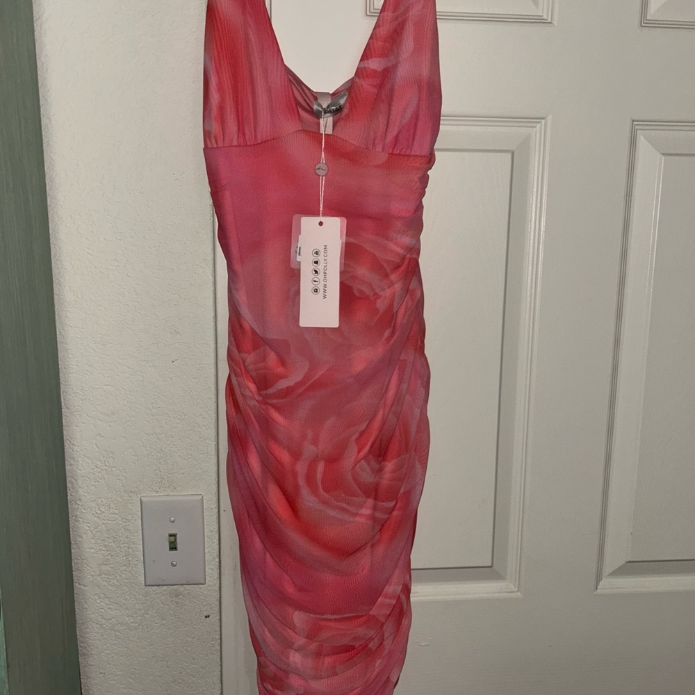 Oh Polly Coral Pink Rose-Print Plunge Midi Dress - Picture 3 of 4